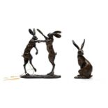 Paul Jenkins - Boxing Hares, bronze sculpture; and another figure of a hare