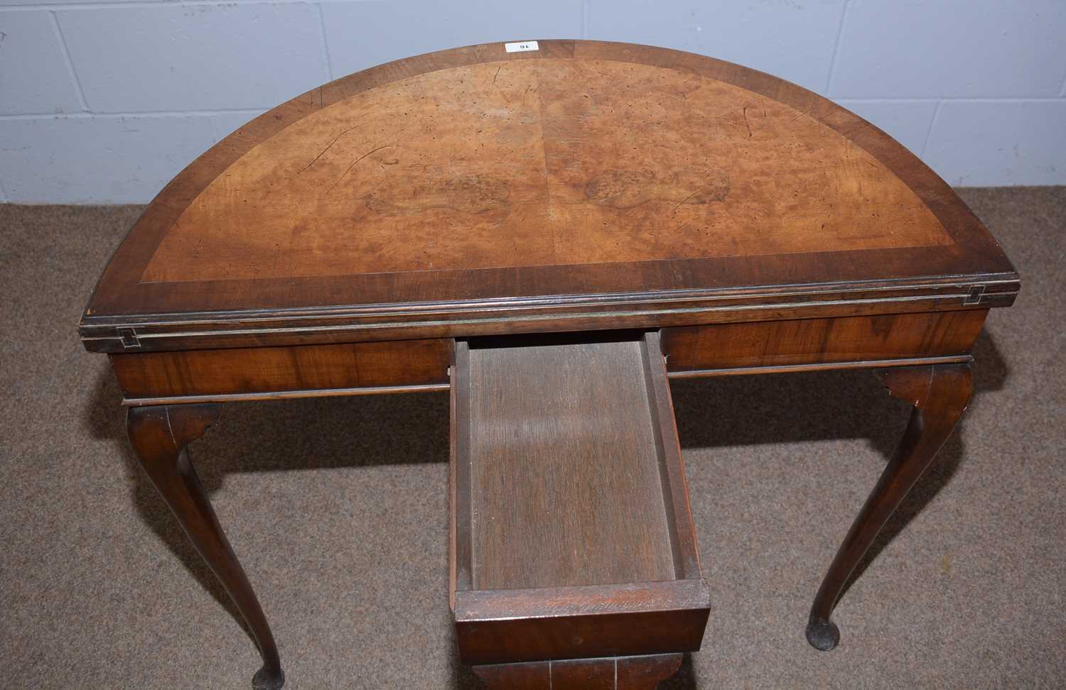 A mid 20th Century burr walnut and banded demilune card table. - Image 6 of 7