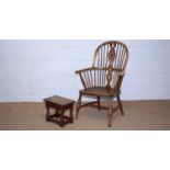 A 19th C elm, ash and beech Windsor armchair; and an oak stool.