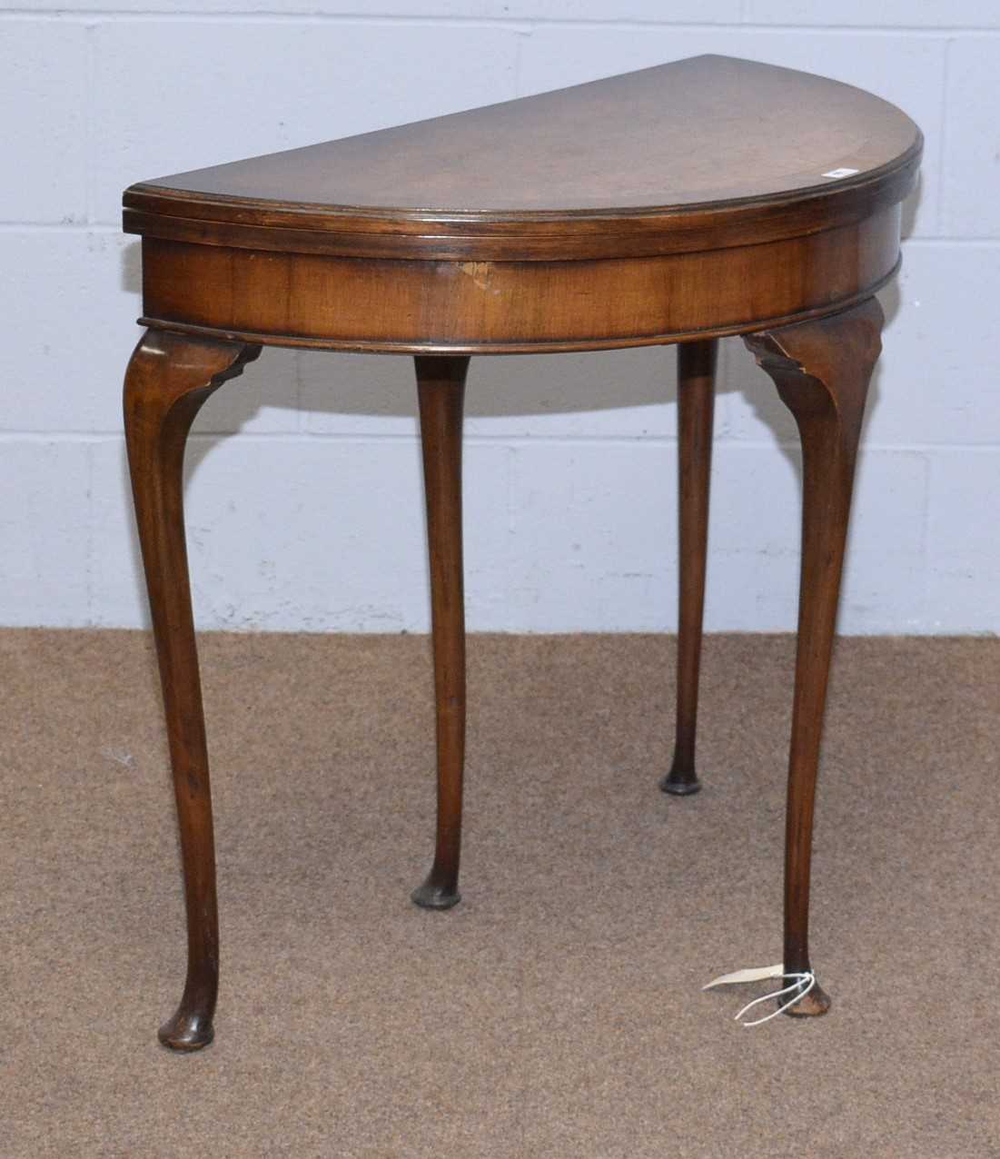 A mid 20th Century burr walnut and banded demilune card table. - Image 2 of 7