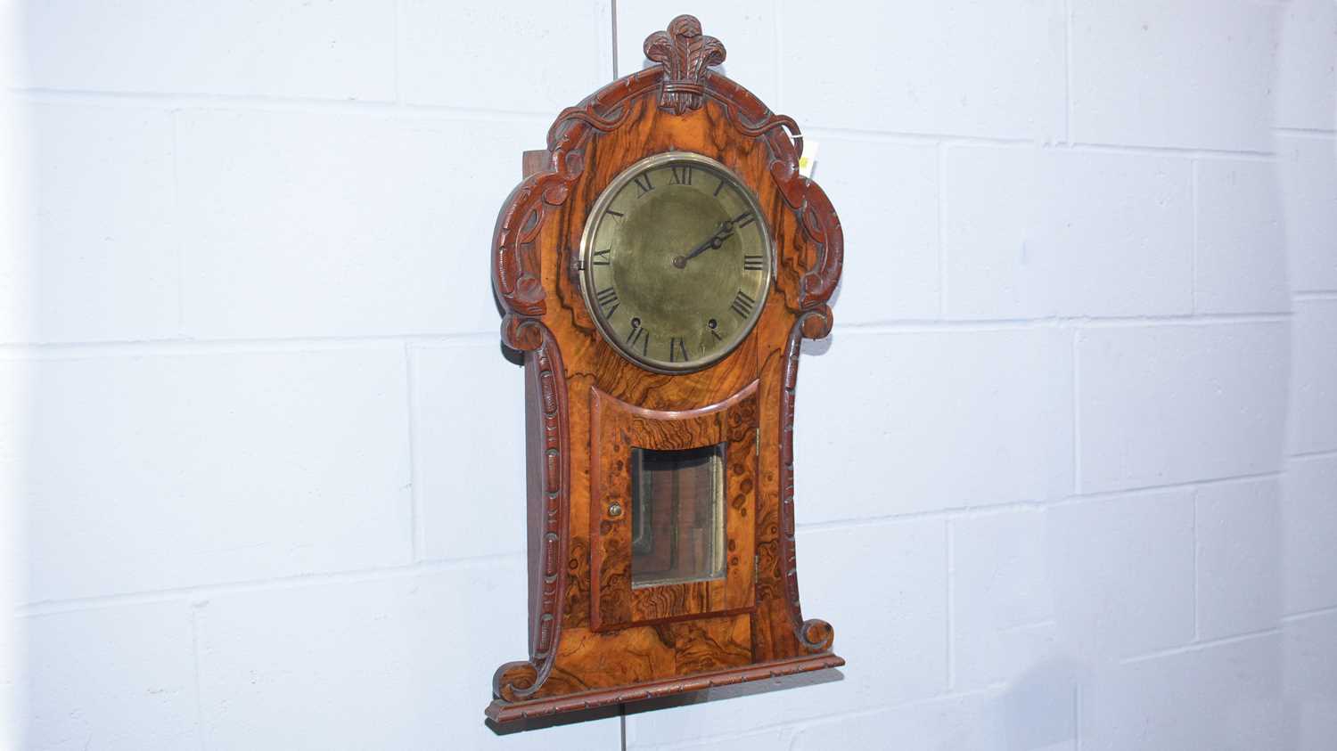 A late 19th Century American burr walnut and oak wall clock. - Image 2 of 2