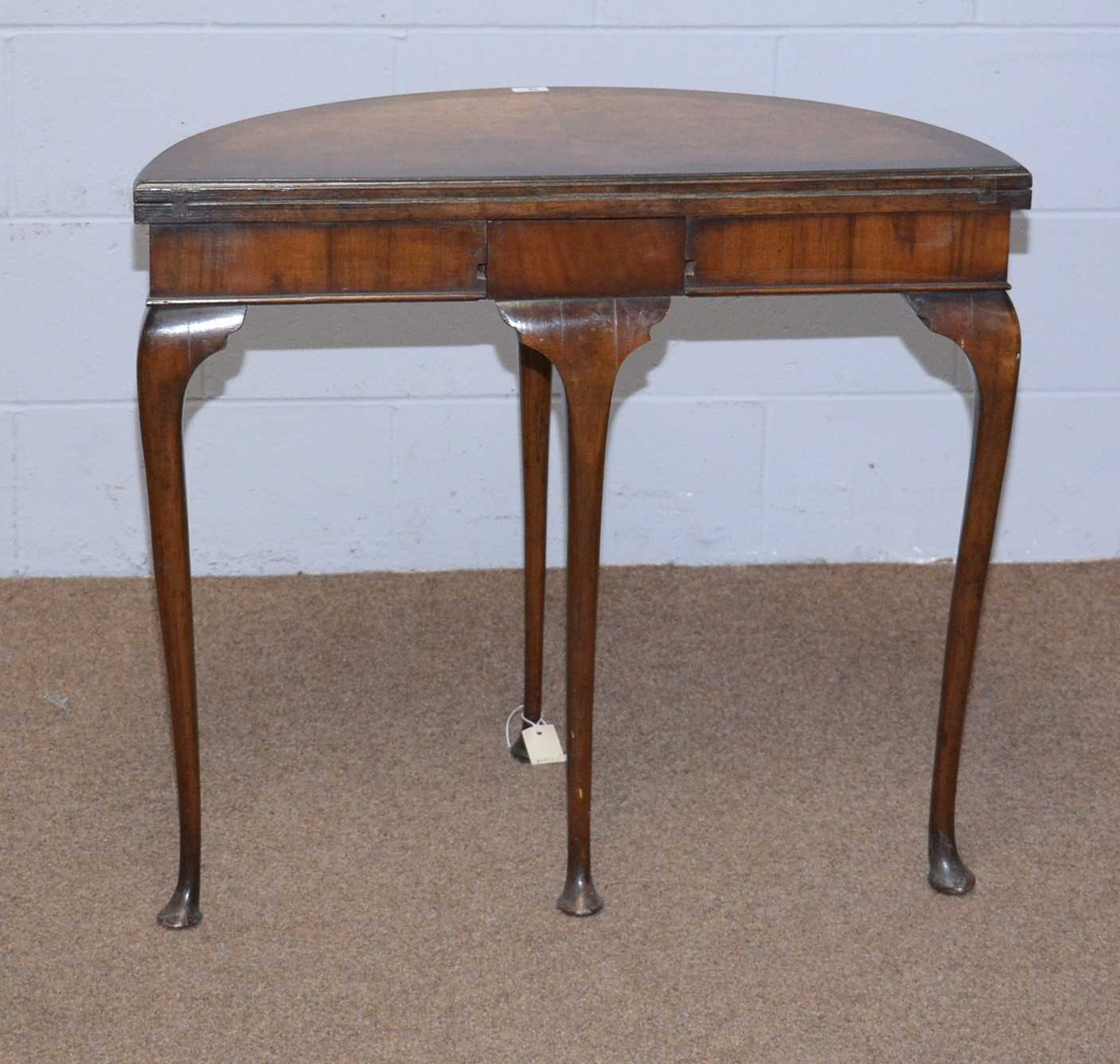 A mid 20th Century burr walnut and banded demilune card table. - Image 4 of 7