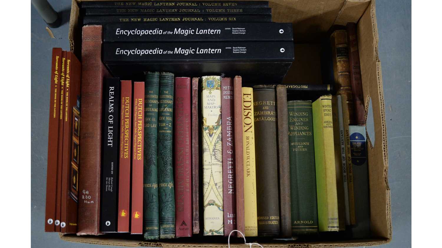 Selection of hardback and other books relating to scientific equipment and magic lanterns