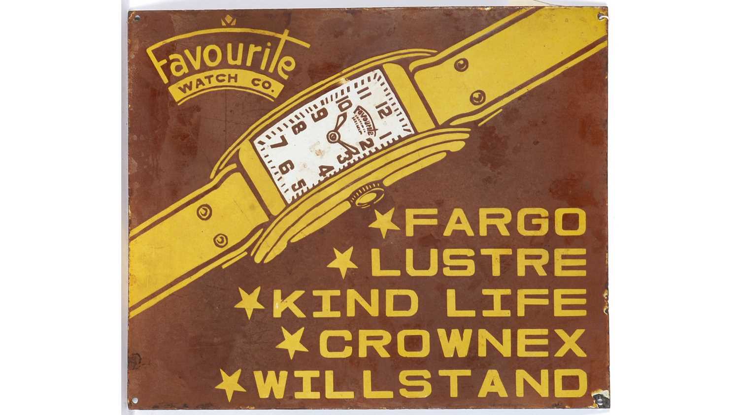 Favourite Watch Co. enamel advertising sign,