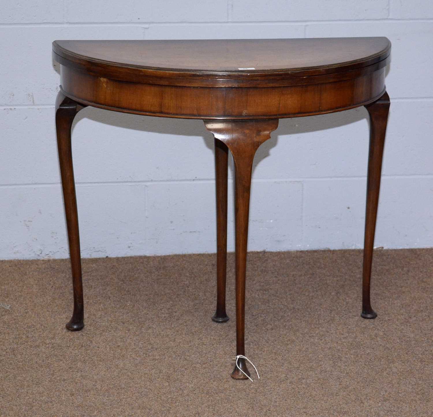 A mid 20th Century burr walnut and banded demilune card table. - Image 5 of 7