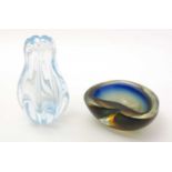Orrefors glass vase, kidney shaped bowl.