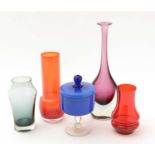 Murano vase, three mid century glass vases and a covered bonbon dish
