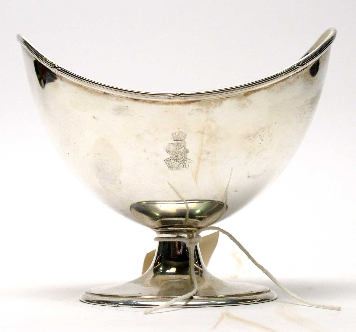 Elkington & Co for Cunard Steamship Co Ltd: a plated boat shaped sugar bowl,