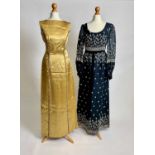 A 1960s James Bond-style columnar evening gown and matching headband | and a 70s peasant dress