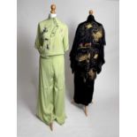 A pair of 1930s lime green Art Deco satin pyjamas from Singapore and a kimono