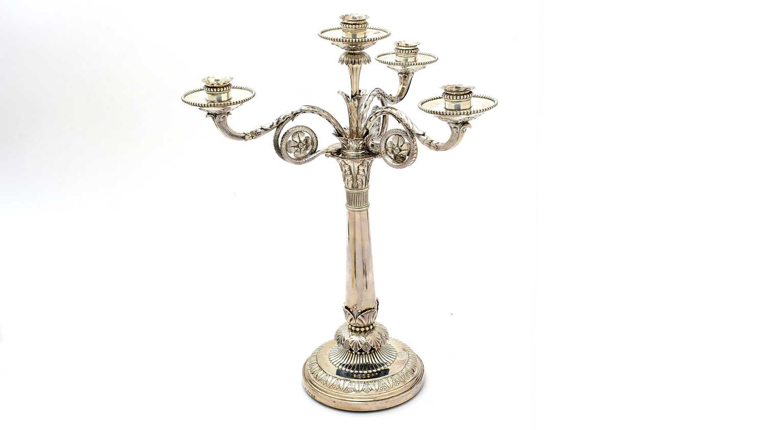 A George III silver three-branch candelabrum, by Benjamin Smith II,