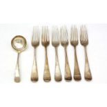 A set of six Edward VII silver table forks, and a sauce ladle