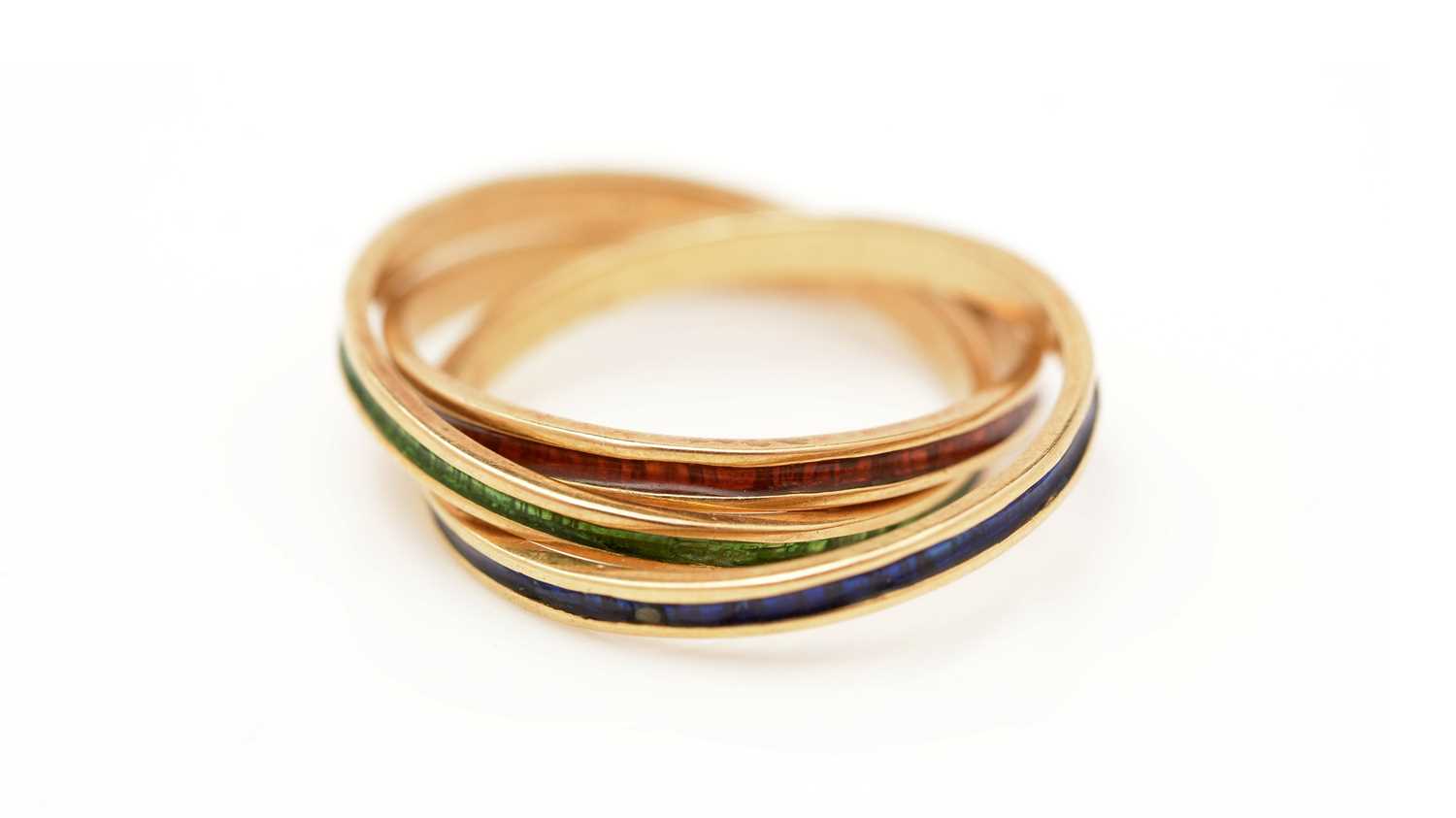 An 18ct yellow gold and red, green and blue enamel ring,