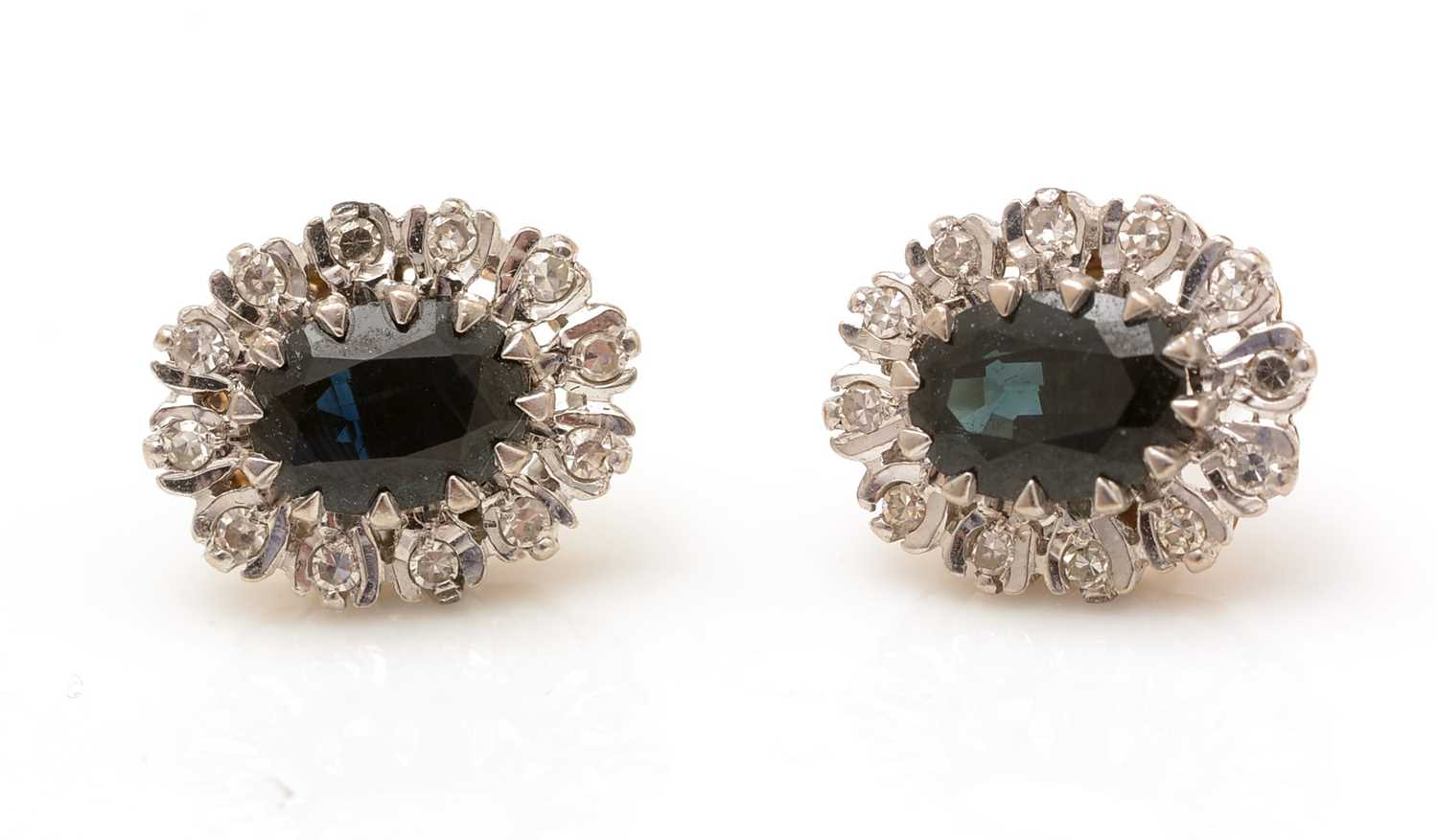 A pair of sapphire and diamond cluster earrings, - Image 3 of 3