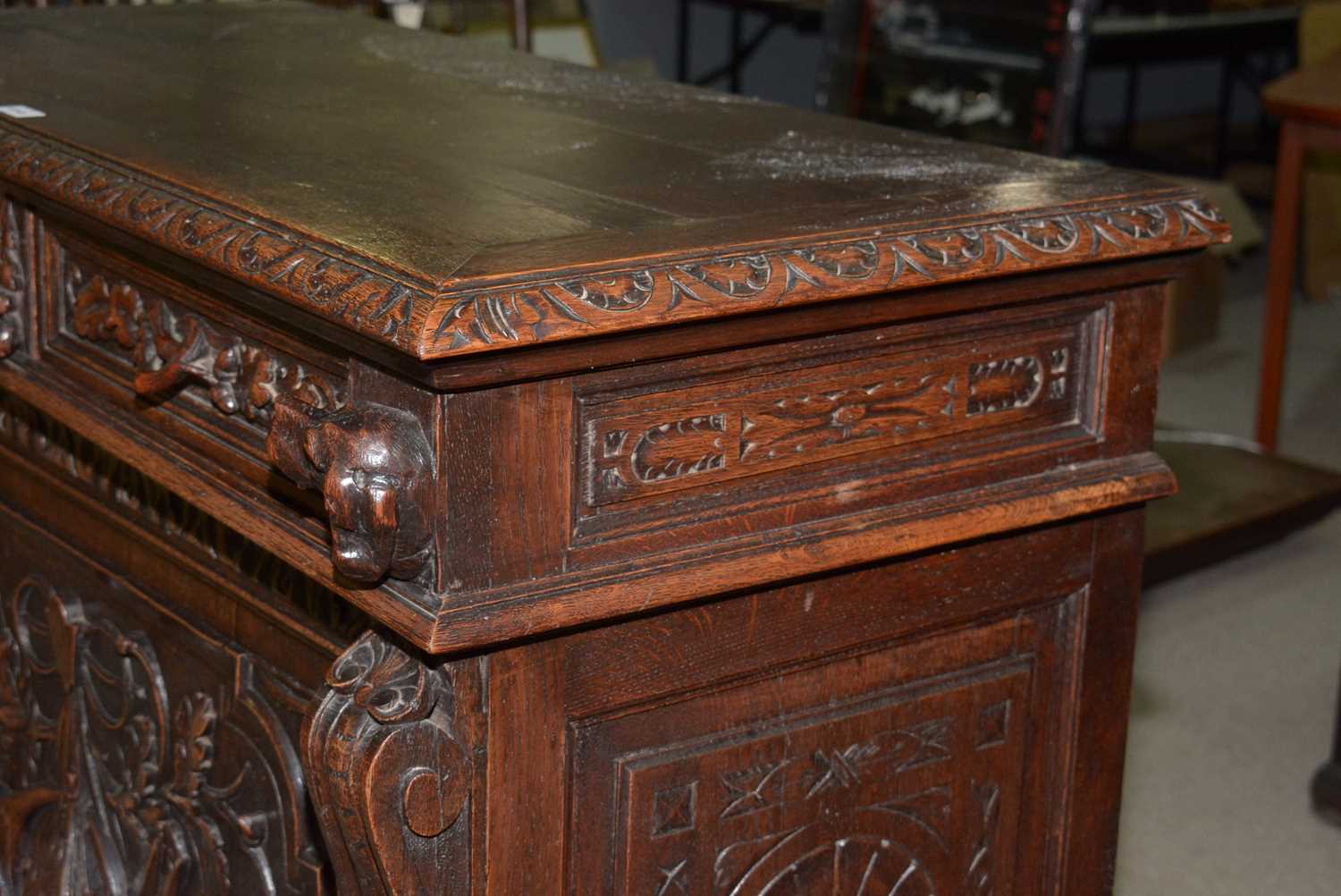 A richly carved Victorian oak side/pier cabinet with a sporting theme. - Image 11 of 37