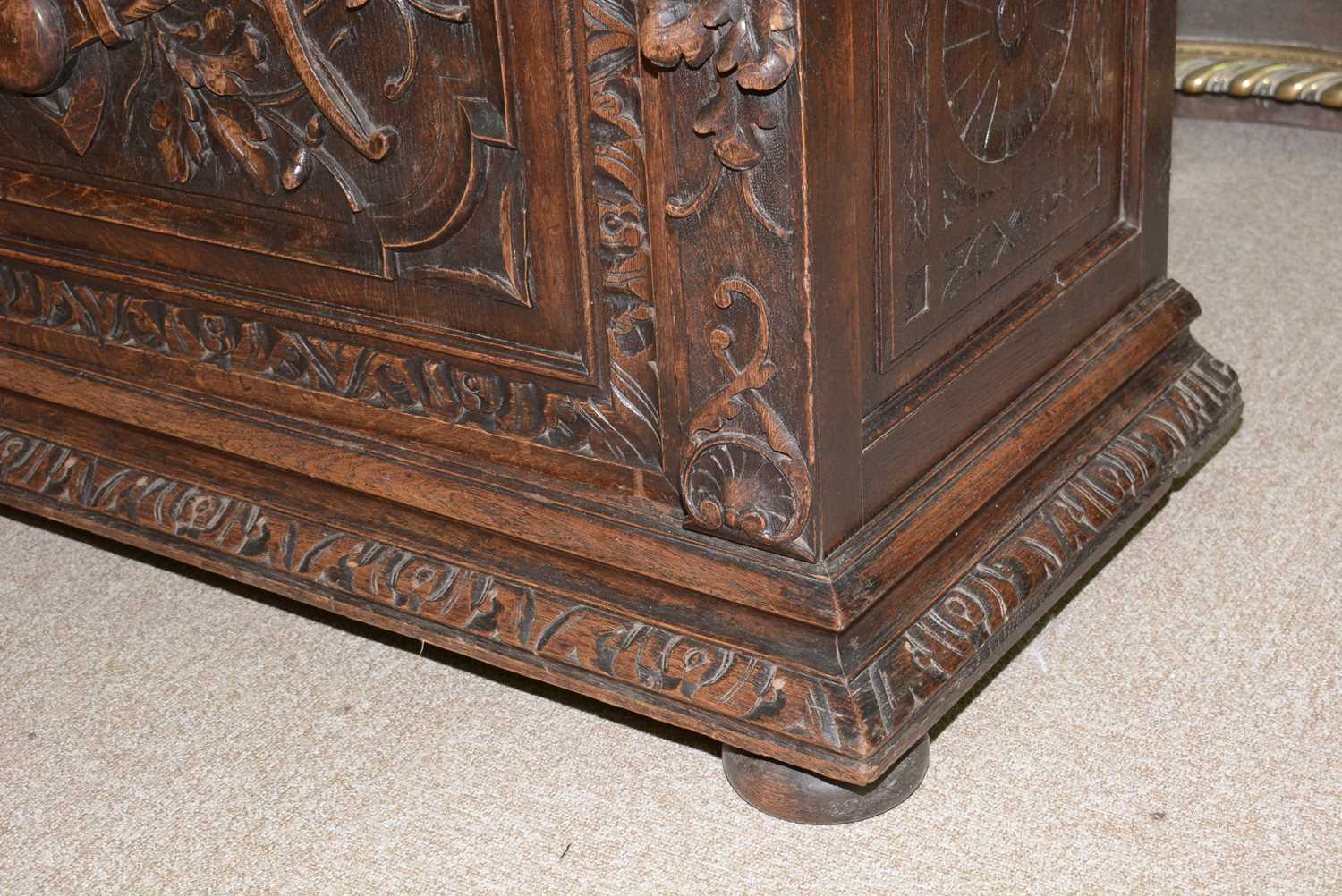 A richly carved Victorian oak side/pier cabinet with a sporting theme. - Image 16 of 37