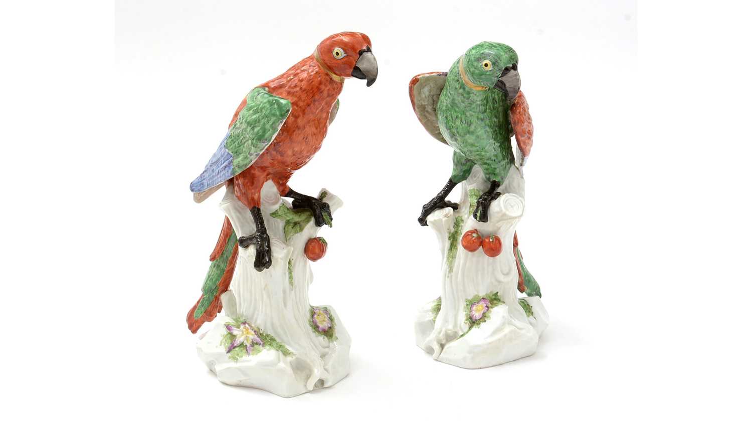 Pair of late 19th Century Continental porcelain parrots.