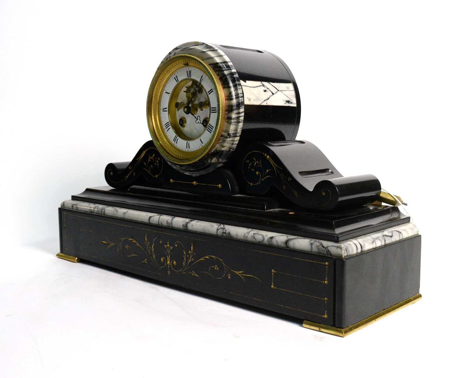 S. Marti & Cie: a 19th C black slate and variegated marble mantel clock. - Image 3 of 6