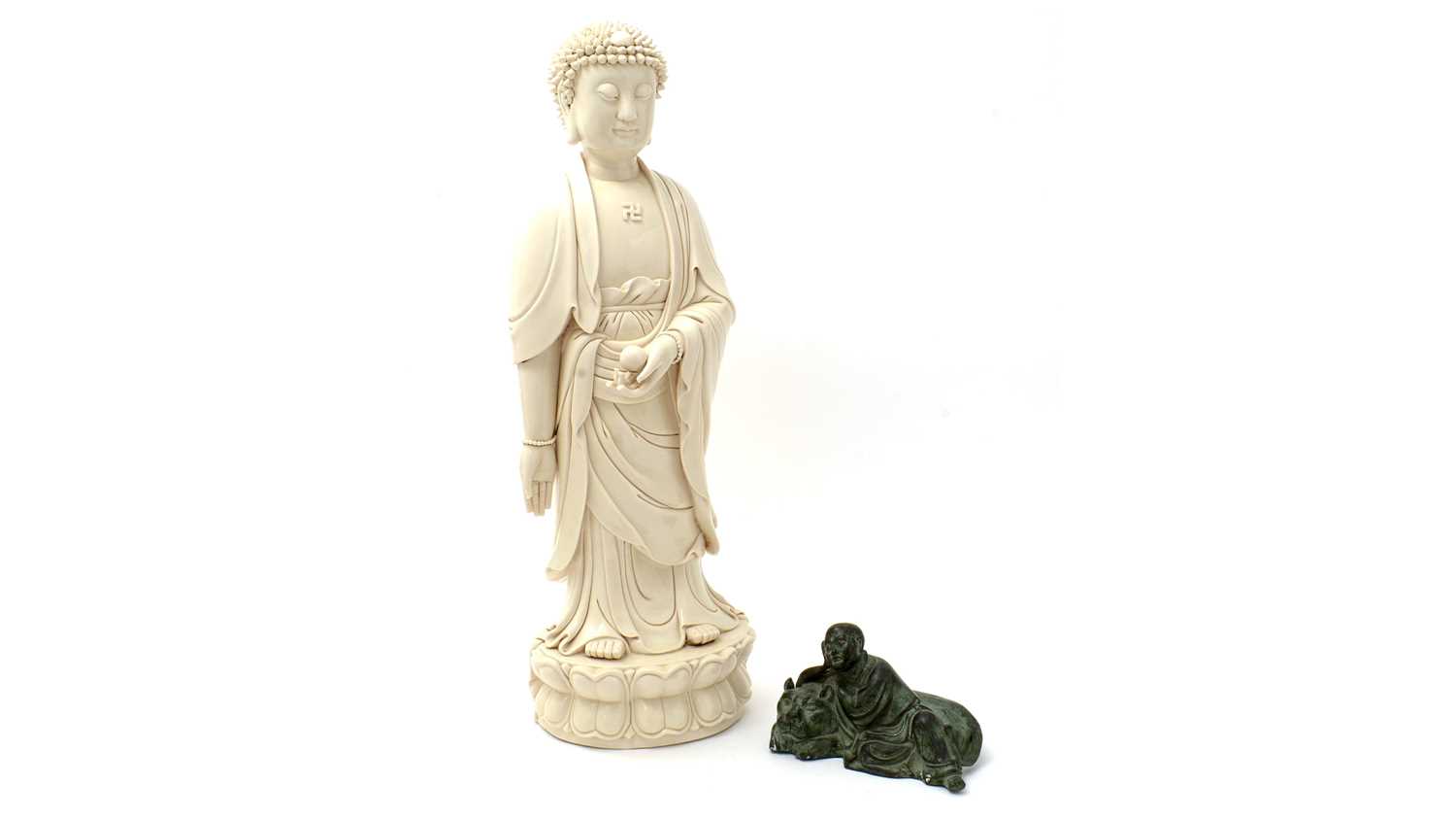 Large blanc de chine style figure Buddha, Bronzed figure and tiger