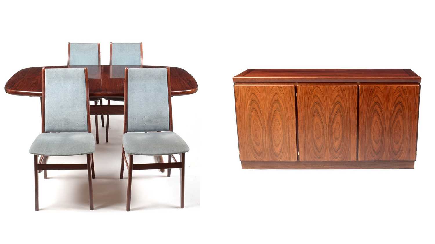 Danish Skovby rosewood sideboard and matching extending dining table: and four Farstrup beech chair