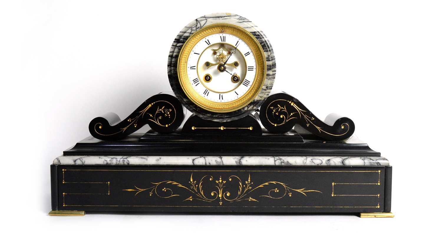 S. Marti & Cie: a 19th C black slate and variegated marble mantel clock.