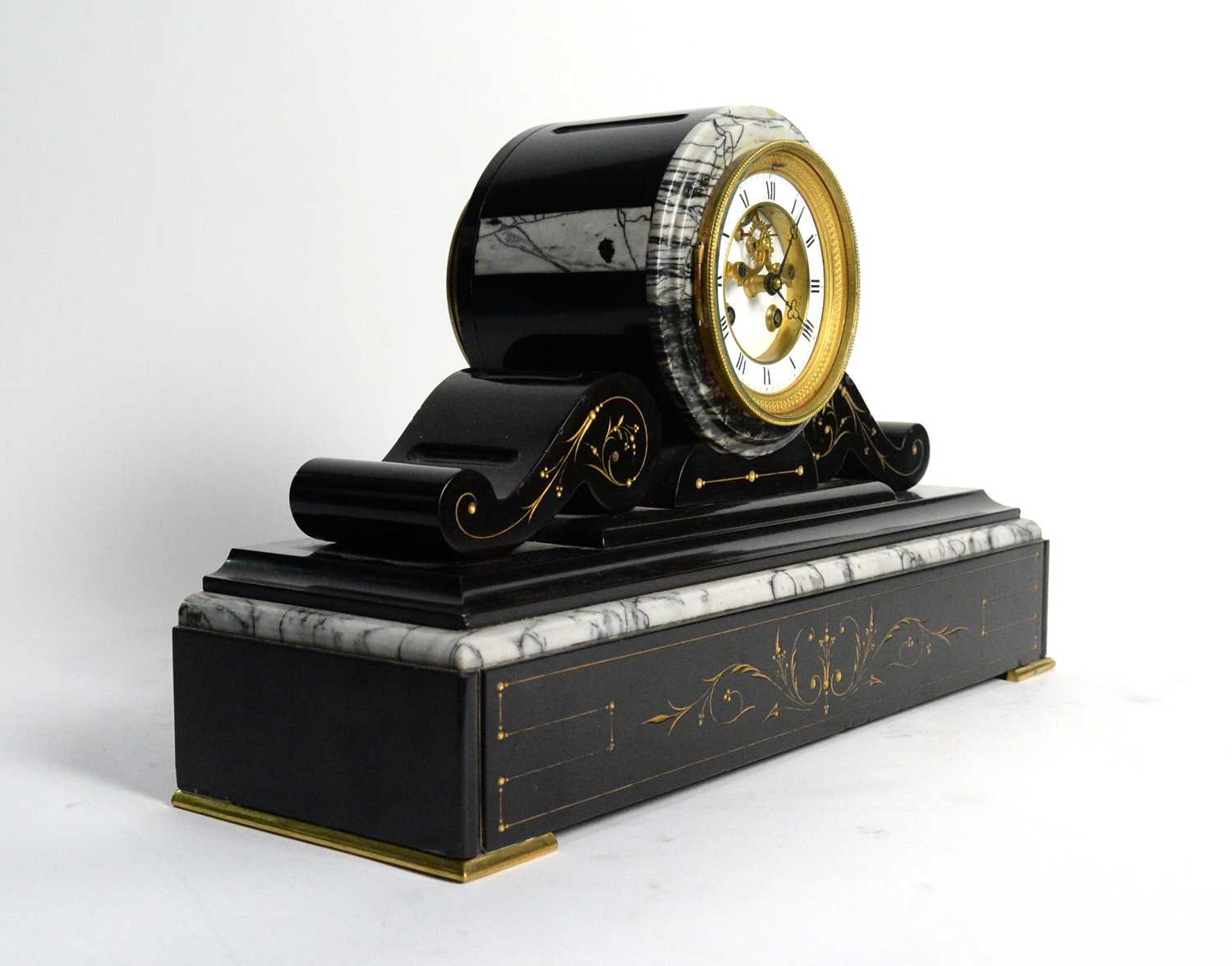 S. Marti & Cie: a 19th C black slate and variegated marble mantel clock. - Image 2 of 6