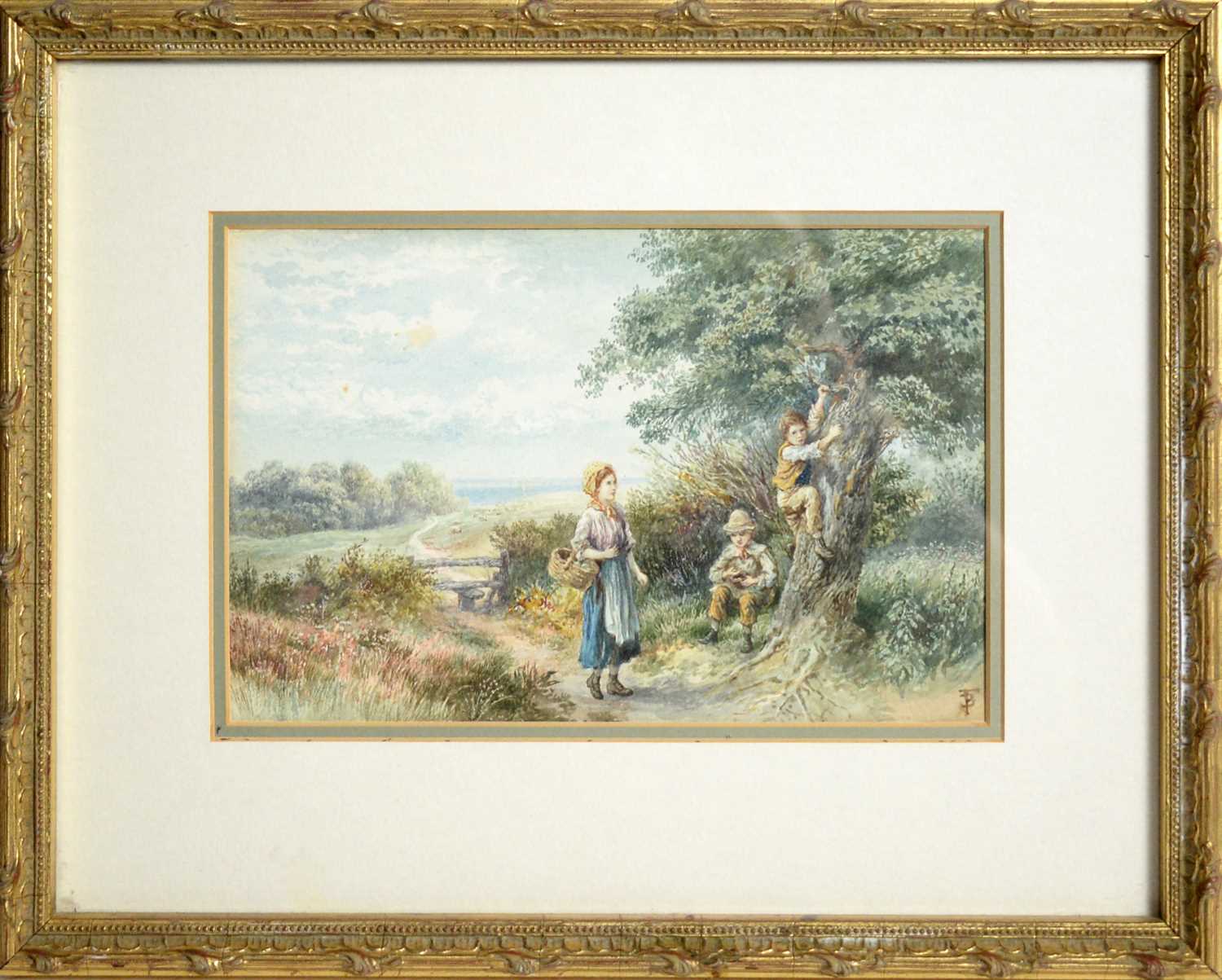 In the manner of Myles Birket Foster - Scrumping Apples | watercolour - Image 2 of 5