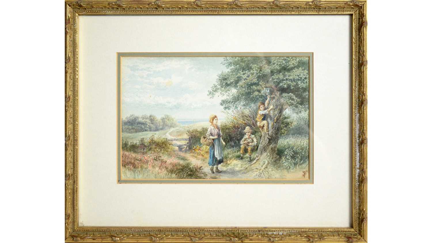 In the manner of Myles Birket Foster - Scrumping Apples | watercolour