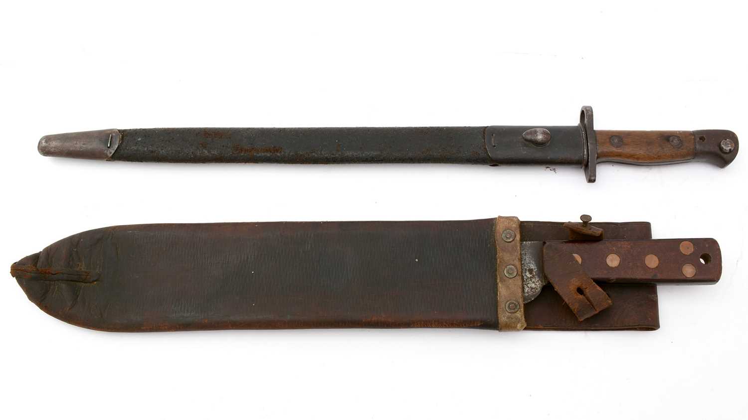 A WWI British bayonet, and a WWII machete