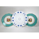 A pair of 19th century Meissen turquoise-ground cabinet plates, and another