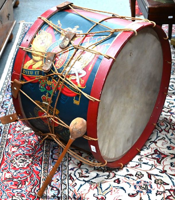 A vintage military bass-drum, painted with King's Regiment badge