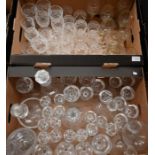 Two boxes of cut and other drinking glasses and decanters