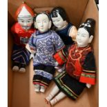 Four Chinese costume dolls with ceramic heads and limbs