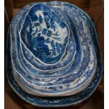 Ten 19th century blue and white oblong meat-dishes
