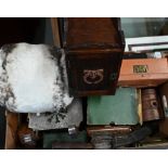 Various collectables, including goose-down muff, jewellery boxes, pin cushion, kukri