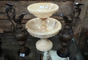 Turned alabaster two-tier fruit bowl to/w pair of bronzed spelter ewers