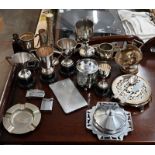 Collection of silver plate trophy cups, cigarette case, Ronson lighters