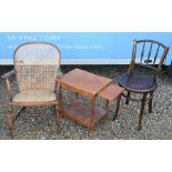 A Thonet bentwood chair, a table and cane seat chair (3)