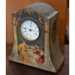 An antique printed twin mantle clock and school bell (2)