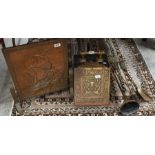 Brass fire screen, coal scuttle and fire tools