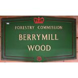 A vintage reclaimed Forestry Commission 'BERRYMILL WOOD' metal sign