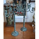 A pair of brass five branch candlebra with simulated verdigris finish