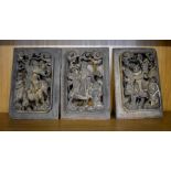 A set of three Chinese wood rectangular panels or applique
