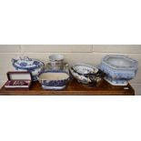 A 19th century blue and white lidded sauce tureen etc