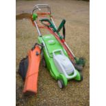 A Viking ME339 electric mower, Qualcast strimmer and Flymo garden blower