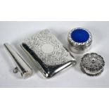 Silver pill-boxes, fob-case and engraved cigarette case