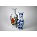 A Chinese blue and white vase and famille rose vase, Kangxi and Qianlong marks