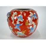 A 19th century Chinese globular coral ground vase painted with one hundred boys pattern