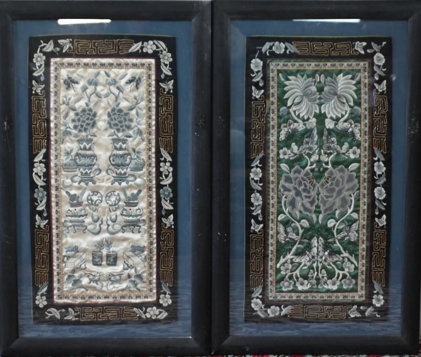 Two Chinese floral silk embroidered panels, framed and glazed