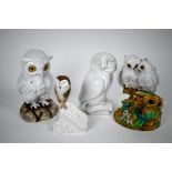 Two Meissen owls, to/w another porcelain owl and a posy vase